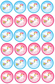 unicorn cupcake toppers with pink, blue and white circles in the shape of horses