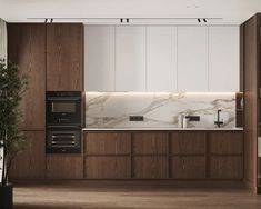 a modern kitchen with marble counter tops and wooden cabinets, along with a potted plant