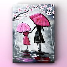 two people holding umbrellas in the rain with cherry blossom trees behind them on a pink background