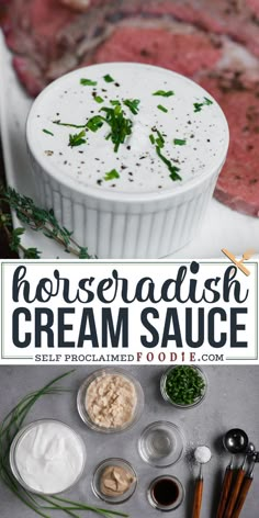 the ingredients for horseradish cream sauce in bowls