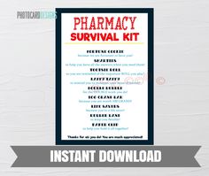 the printable pharmacy survival kit is displayed in front of a white background with text