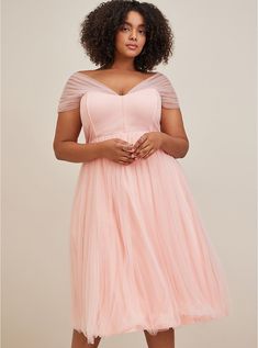 Plus Size Midi Tulle Drape Shoulder Fit & Flare Dress , IMPATIENS PINK KH Plus Size Easter Dress, Tool Skirt, Pastel Pink Dress, Pink Tulle Dress, Midi Dress Formal, Pastel Dress, Semi Formal Dresses, Curvy Women Outfits, Bridesmaid Dresses Plus Size