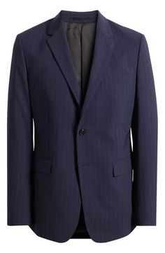 Subtle pinstripes provide an impeccable finish for a dinner-ready blazer fashioned from virgin wool with a hint of stretch. Two-button closure Notched lapels Chest welt pocket; front flap pockets Partially lined 97% virgin wool, 3% spandex Dry clean Imported Semi-formal Pinstripe Blazer With Lapel Collar, Pinstripe Semi-formal Blazer With Notch Lapel, Pinstripe Single-breasted Long Sleeve Sport Coat, Formal Pinstripe Single-breasted Blazer, Pinstripe Wool Single-breasted Outerwear, Blazer Fashion, Wool Blend, Nordstrom, Blazer