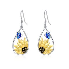 Discover our exquisite collection of sterling silver drop earrings, designed for women who adore intricate butterfly and sunflower motifs. Available in stunning white and yellow gold finishes, these pieces are perfect for adding a touch of elegance and natureinspired charm to any outfit. Our sterling silver drop earrings boast a unique combination of butterfly and sunflower designs, meticulously crafted to capture the essence of natural beauty. Without any stones, the simplicity of these earring Sunflower Jewelry, Sunflower Earrings, Teardrop Dangle Earrings, Alloy Earrings, Sterling Silver Drop Earrings, Bee Earrings, Styl Boho, Moda Vintage, Boho Stil