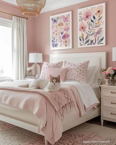 a cat laying on top of a bed in a room with pink walls and white furniture