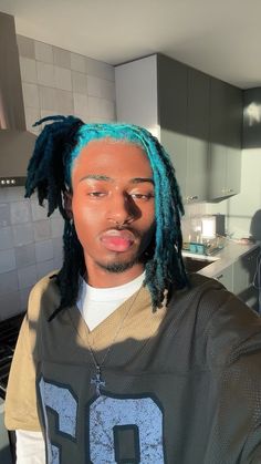 Dreads Hair Color Ideas, Blue Roots Black Hair Locs, Mint Green Locs, Black And Blue Dreads, Colored Dreads Men Dreadlocks, Loc Color Combos, Blue And Blonde Locs, Blue Dreads Men, Blue Locs Men