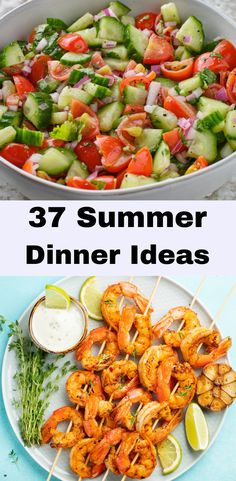 shrimp, cucumber and tomato salad on a white plate with the words 37 summer dinner ideas