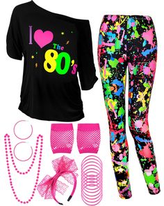 a woman's outfit including leggings, bracelets and t - shirt