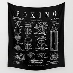 a black and white wall hanging with an illustration of boxing equipment on the back ground