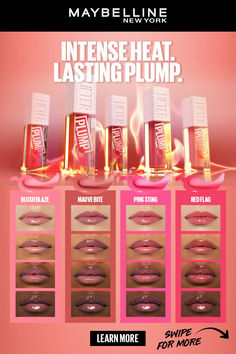 See the full shade range of this lip plumping gloss on all skin tones! Formulated with chili pepper for an intense heated sensation & plumping effect instantly and overtime.  Learn more at Maybelline.com Lip Gloss Red, Maybelline Lifter, Lip Plumping Gloss, Natural Glowing Skin, Lip Plumping, Lip Cosmetics, Fancy Makeup, Plumping Lip Gloss, Maybelline New York