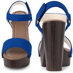 With a different closure type, there are hook and loop sandals with a block heel. With suede uppers, these sandals can lengthen your legs and are suitable for any casual wear. You can pair these heels with dresses, T-shirts, jeans, shorts, or anything casual or formal. A good choice as a gift for your mother, sister, or friend. Blue Slingback Heels With Buckle Closure, Blue Open Toe Slingback Sandals With Buckle Closure, Blue Sandals With Wooden Block Heel, Blue Block Heel Slingback Sandals, Strappy Platform Heels, Chunky Heel Sandals, Blue Pumps, Chunky High Heels, Platform Heels Chunky