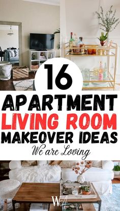 apartment living room makeover ideas with text overlaying the top and bottom image