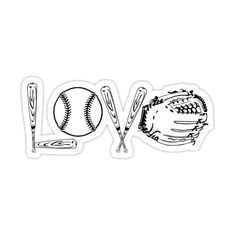 the word love is written in black and white with baseball bats, mitt and ball