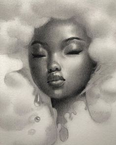 a drawing of a woman's face with her eyes closed and clouds in the background