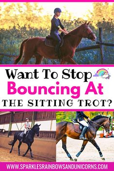 a woman riding on the back of a brown horse in front of a wooden fence with text overlay reading want to stop bouncing at the sitting trot?