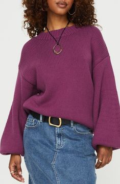 Dropped shoulders and balloon sleeves play up the casual ease of a cozy cotton-blend sweater that's sure to be a weekend favorite. Crewneck Long sleeves Ribbed cuffs and hem 60% cotton, 40% acrylic Hand wash, dry flat Imported Purple Sweater Outfit, Balloon Sleeve Sweater, Purple Fits, Friday Outfit, Dream Closets, Purple Outfits, Sweater Oversized, Fall Clothes, Burgundy Sweater