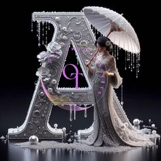 a woman holding an umbrella standing in front of the letter a with pearls on it