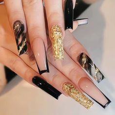 PRICES MAY VARY. 💖Golden Leaf Press on False Coffins Nails Are Made Of High Quality ABS Material,Which Is Environmental-Friendly Material,No Toxic,No Smell,No Harm To Your Nails Or Body,100% Safe And Healthy Material To Use. 💖Bling Luxury Gold False Nail Tips with Design Has 24Pcs Fake Nails Offers Different Sizes With 12 Nails,You Can Choose The Most Suitable False Nail For Yourself ,It Is Easy To Trim And File Them To In Any Length And Shape You Like.So They Are Convenient To Choose The Suit Black Nail Tips, Fake Nails Long, Ballet Nails, Long Press On Nails, Ballerina Nails, Stick On Nails, Nailed It, Beauty Nail, Unique Nails