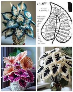 four different types of crocheted flowers in vases