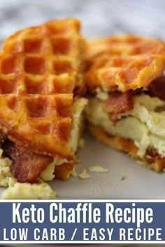 two waffles cut in half and stacked on top of each other with the words keto chaffle recipe low carb / easy recipe