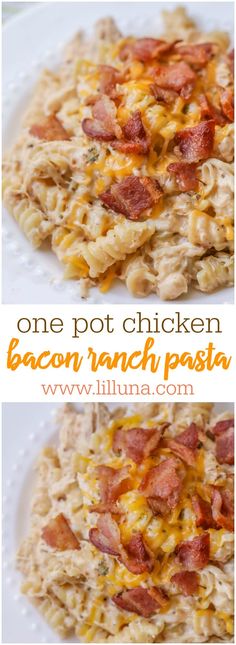 one pot chicken bacon ranch pasta on a white plate with text overlay that reads, one pot chicken bacon ranch pasta