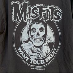 Gildan Brand Heavy Cotton Black Crewneck T-Shirt Black With Grey Graphic "Misfits" "Want Your Skull" "Mister Black" With Skull Graphic 100% Cotton New, Never Worn Black Graphic Tee, Skull Graphic, Black Graphic Tees, Black Crewneck, Want You, Heavy Cotton, Black Gray, Graphic Tee, Black And Grey