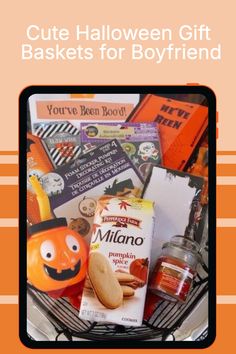 a basket filled with lots of halloween items