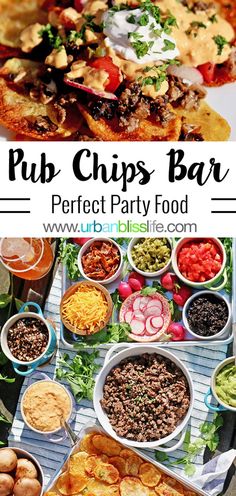 a table full of different types of food with the words pub chips bar on it