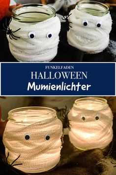 two mason jars decorated to look like halloween decorations with googly eyes and yarn wrapped around them