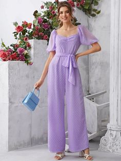 Belted Swiss Dot Chiffon Culotte Jumpsuit | SHEIN USA Casual Pullover Outfit, Western Dresses For Women, Classy Jumpsuit, Stylish Jumpsuit, Stylish Fall Outfits, Ladies Blouse Designs, Culotte Jumpsuit, Designer Jumpsuits, Jumpsuit Elegant