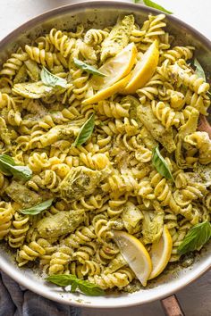 pasta with pesto, artichokes and lemon