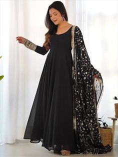 Black and Grey color Salwar Kameez in Faux Georgette fabric with Embroidered, Sequence, Zari work Anarkali Dress Simple, Cotton Pent, Suits For Women Indian, Anarkali Suits Designer, Georgette Anarkali Suits