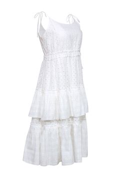 Elevate your summer style with a dreamy dress by Rachel Antonoff. The charming bohemian design in crisp white cotton exudes a feminine feel with its intricate eyelet lace. Romantic ruffled tiers and tie shoulder straps complete this charming midi. Perfect for any occasion, pair it with a woven sandal and crossbody for a lovely look. Size L 100% Cotton (exl. trim) Lined Pullover Tie shoulder straps Bateau neckline Tiered & ruffled Bust 36" Waist 44" Shoulder to hem 45" Rachel Antonoff, Buy Shoes Online, Tiered Midi Dress, Dreamy Dress, Bateau Neckline, Bohemian Design, White Eyelet, Eyelet Lace, Sweater Weather