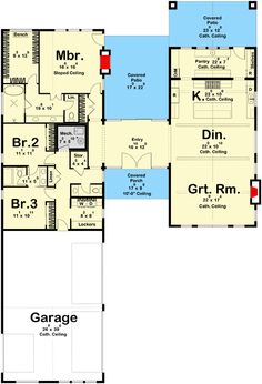 two story house plans with garage and living room on the first floor, along with an attached