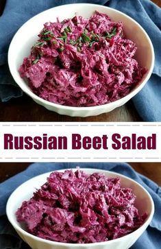 two bowls filled with red beet salad on top of a wooden table next to a blue napkin