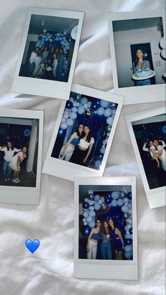 several polaroid photos of people standing in front of blue and white balloons on a bed