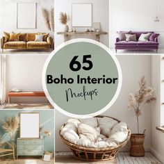 there are many different types of furniture in this room with the words, 55 boho interior mockups