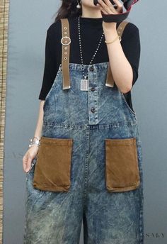 Lasaky - Contrast Color 3D Patch Pocket Denim Overalls with Vintage Loose Harem Long Pants Denim Overalls, Long Pants, Olivia Mark, Dressmaking, Patch Pocket, Contrasting Colors, Overalls, High Waisted, Pants