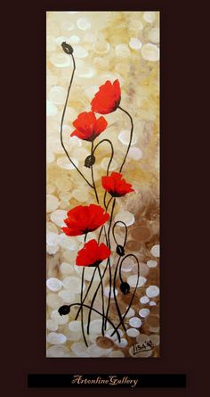 a painting of red flowers on a brown background