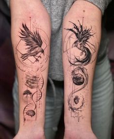 two people with tattoos on their arms, one has a bird and the other has an abstract