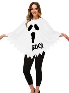 a woman wearing a ghost costume with the word boo on her chest and hands out