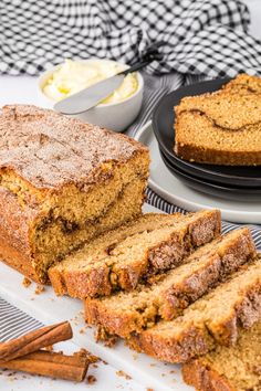 sliced cinnamon swirl quick bread on a plate