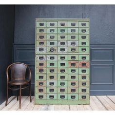 Early 20th century industrial metal drawer cabinet with great patina. Made in quality sturdy design with 60 drawers, each with a riveted black handle with label holder on the front.   Dimensions Height: 175.5 cm / 69.09 inch. Width: 111 cm / 43.7 inch. Depth: 50 cm / 19.68 inch.  Internal drawer dimensions: 10 cm / 3.93 inch high, 20 cm / 7.87 inch wide, 45 cm / 17.71 inch deep  Good condition (cleaned and sealed transparent on the outside, back painted in anthracite). The original mechanism for Industrial Metal Cabinet, Industrial Shop Design, Metal Drawer Cabinet, Industrial Furniture Design, Metal Cabinets, Vintage Lockers, Drawer Dimensions, Store Concept, Industrial Design Furniture