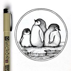 a drawing of three penguins sitting on top of an ice floet with one penguin in the middle