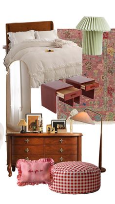 a collage of furniture and decor items including a bed, dresser, lamp, table