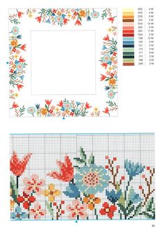 cross stitch pattern with flowers on the side and an image of a flower border in different colors