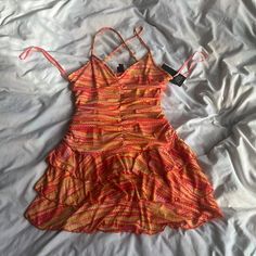 Wild Fable Orange Dress (M) With Splashes Of Yellow, Red, Pink, Green, And White Never Worn/New With Tags! Red Ruffled Sundress For Party, Vibrant Red Mini Dress For Summer, Multicolor Ruffled Mini Dress For Date Night, Red Fitted Sundress With Ruffles, Red Ruched Mini Dress For Vacation, Red Mini Dress With Vibrant Print, Fall Party Dress, Printed Denim Dress, Leisure Dress