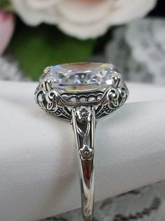 White CZ Ring, cubic zirconia gemstone, Sterling Silver floral Filigree, Edward design #D70z, top view Antique Filigree, Edwardian Jewelry, Sterling Silver Filigree, Filigree Ring, Cz Ring, Engraved Items, Silver Filigree, Favorite Rings, Topaz Ring