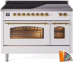 an old fashioned white oven with gold trimmings on the front and side doors