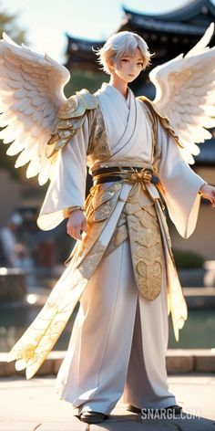 Tennin dressed in a white and gold outfit with wings and a sword in her hand. Angels, Tennin. Aesthetic fashion and beauty.Follow us and visit our site for more amazing content! #Tennin #Angels #outfit #hair #gloves #serum #amazing #gold #eyeshadow #style #hand #beauty #jacket #denim #purse Angels Outfit, Angel Character, Japanese Buddhism, Purpose In Life, Gold Outfit, Gold Eyeshadow, Denim Purse, Interesting Stories, Western Culture